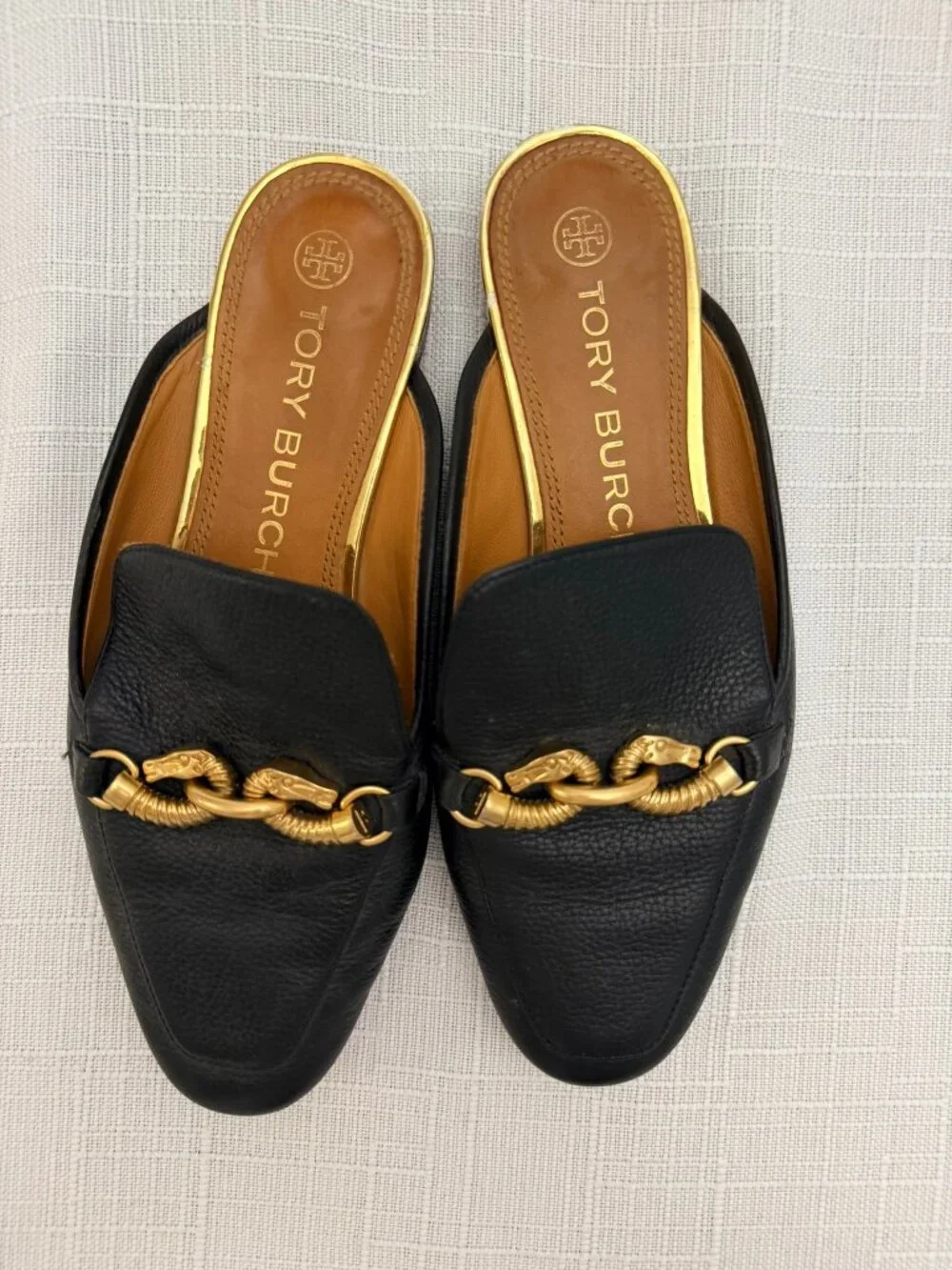 Tory Burch Black Leather Mule Slides Gold Horse Hardware Loafers